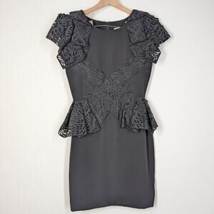 Marchesa Black Floral Laser Cut Ruffled Peplum Silk Cocktail Dress Size 6